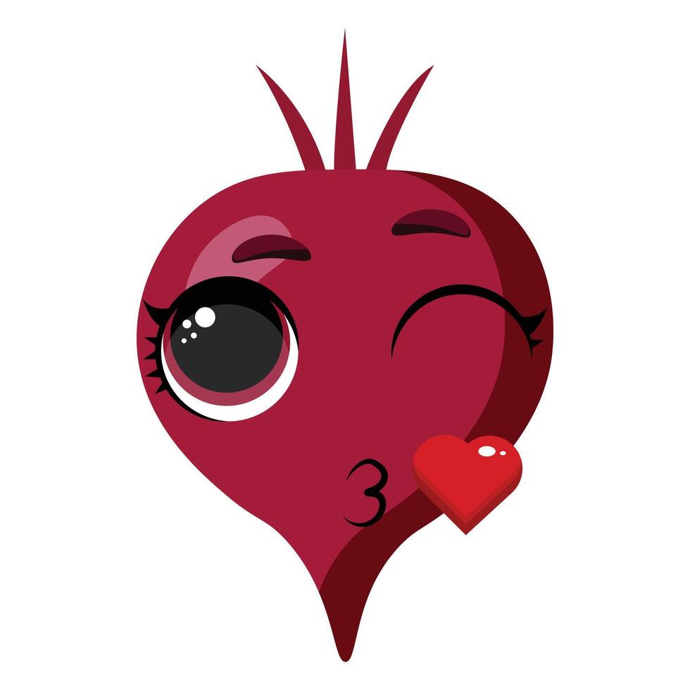 Cute beetroot with kissing face and heart Perfect for health food packaging, vegetarian recipes, organic branding, farm visuals, and eco-themed projects vector
