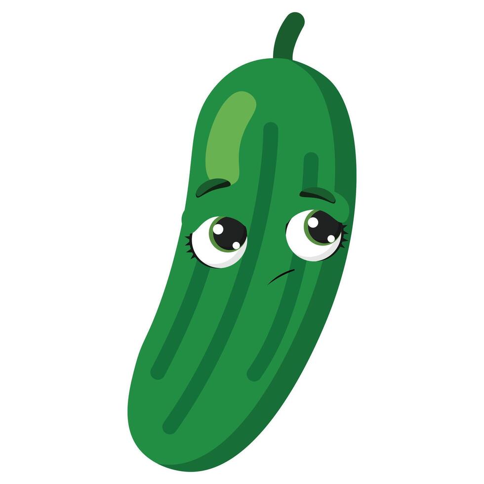 Sad green cucumber with expressive eyes, perfect for emotional food illustrations, kids content, or healthy lifestyle graphics with a playful twist vector