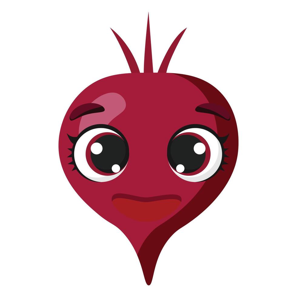 Cute beetroot character with big round eyes and a confused facial expression Perfect for food packaging, veggie branding, educational materials, and healthy lifestyle content vector