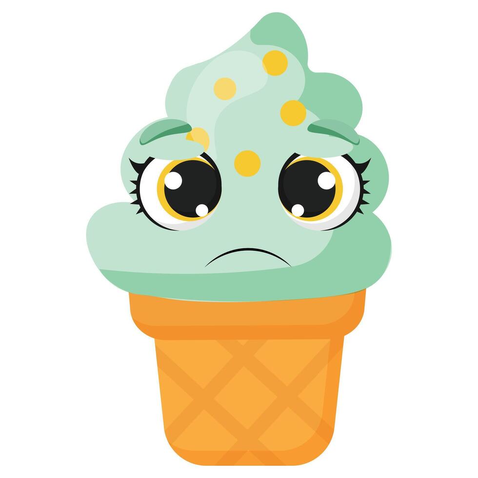 Mint ice cream cone with sad facial expression Perfect for emotional food illustrations, packaging, summer advertising, and digital content related to feelings and desserts vector