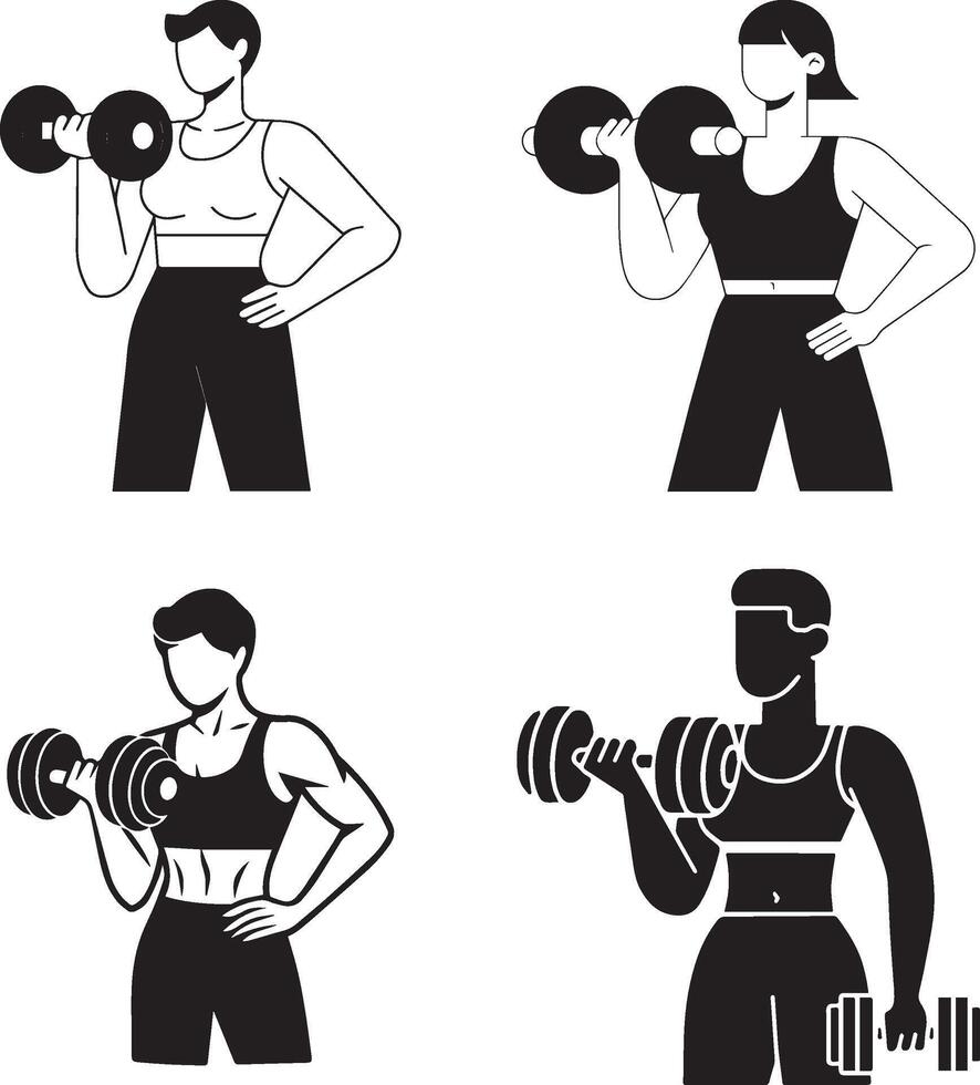 Diverse People Working Out Lifting Dumbbells In A Black And White Minimalist Style vector