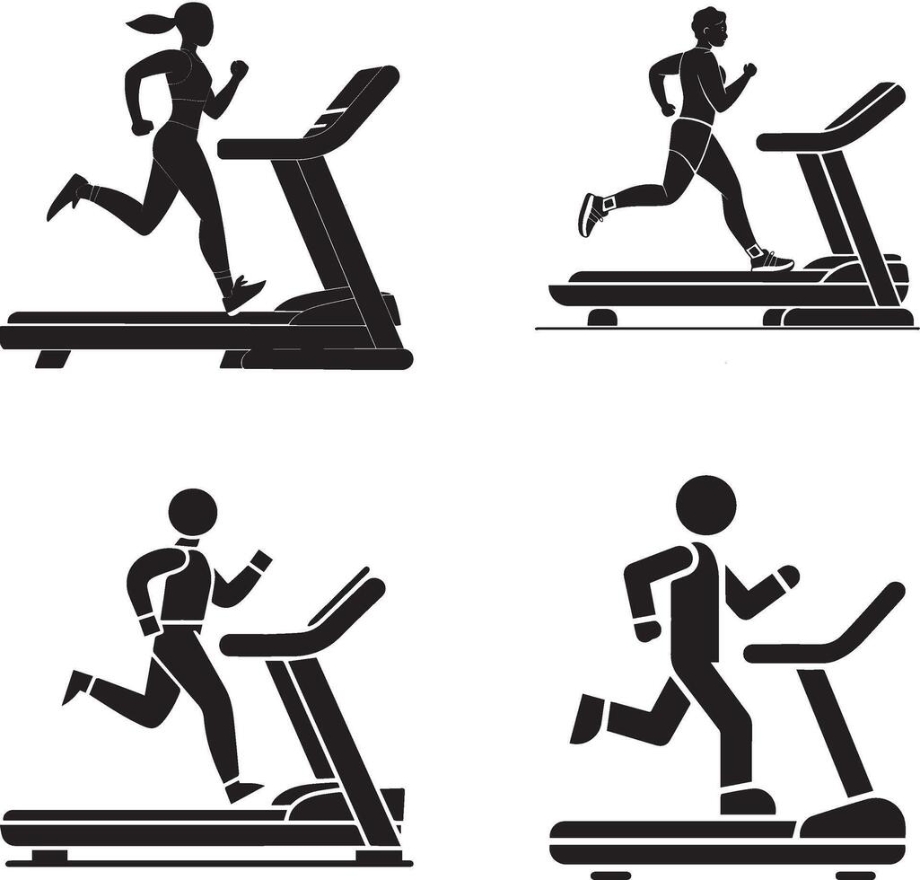 Fitness And Exercise Treadmill Workout Black Silhouette Illustration Set vector