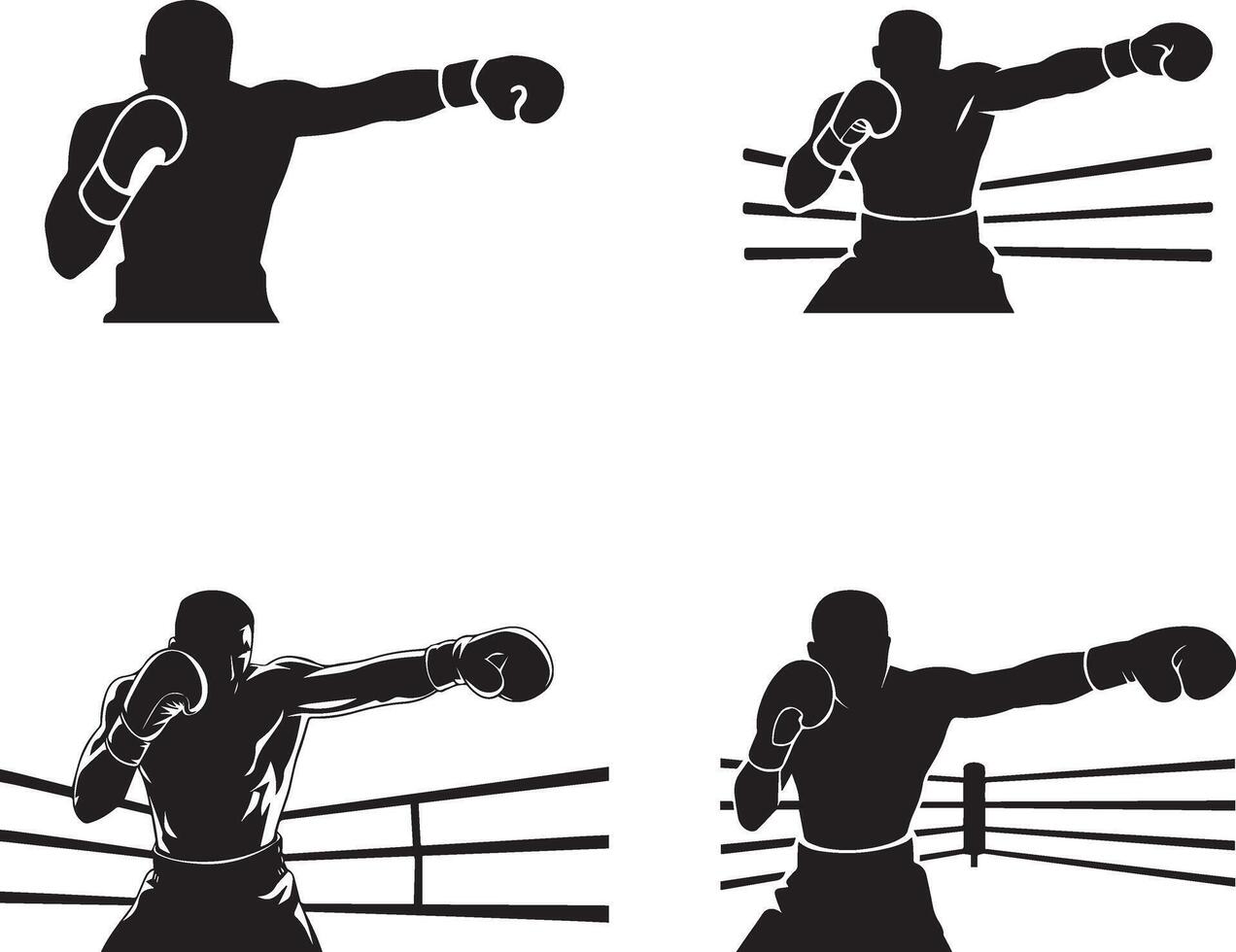 Boxing Ring Silhouettes With Punching Boxer Set For Sports Graphics Design vector