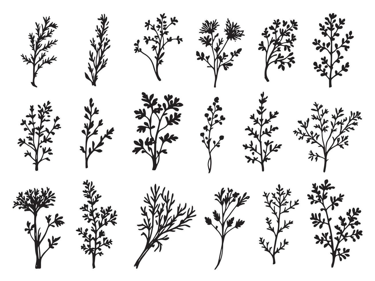 A set of black and white silhouettes of plants vector