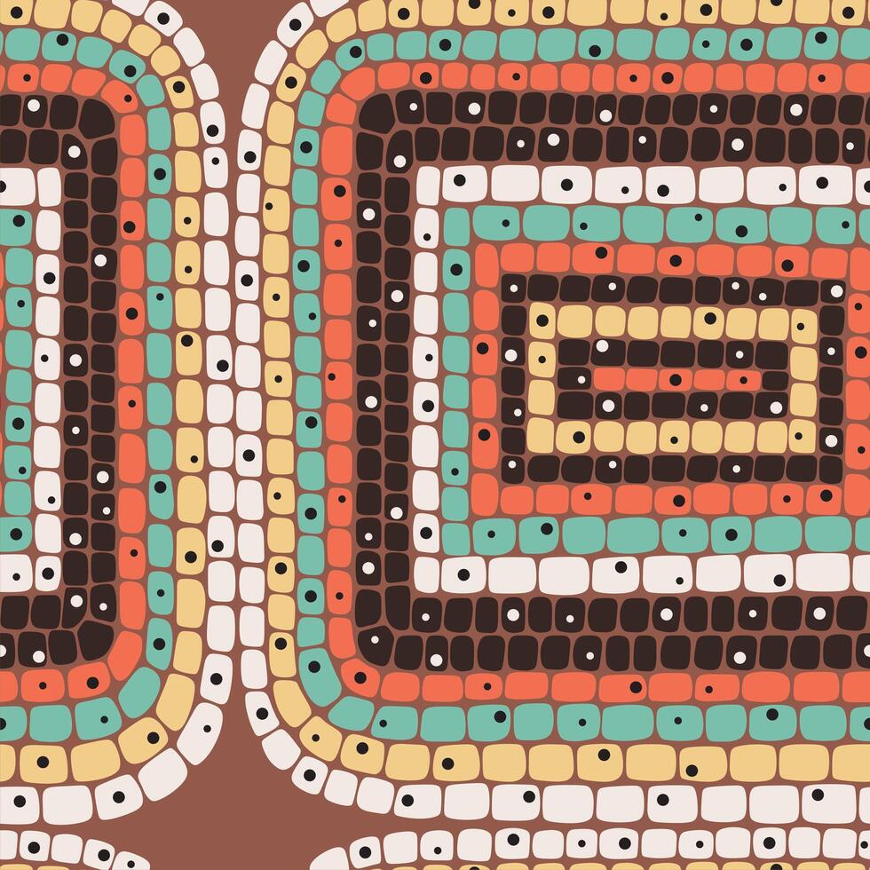 Abstract seamless geometrical mosaic pattern on brown background. Orange, light green, brown and light yellow colors. vector