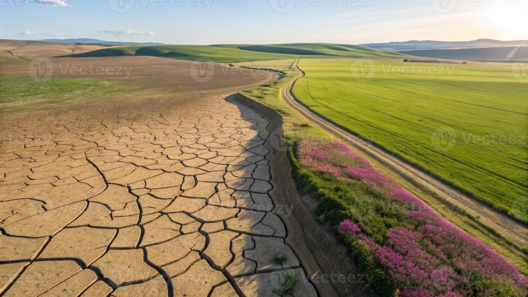 Aerial view shows stark contrast of drought and lush fields amid climate change photo