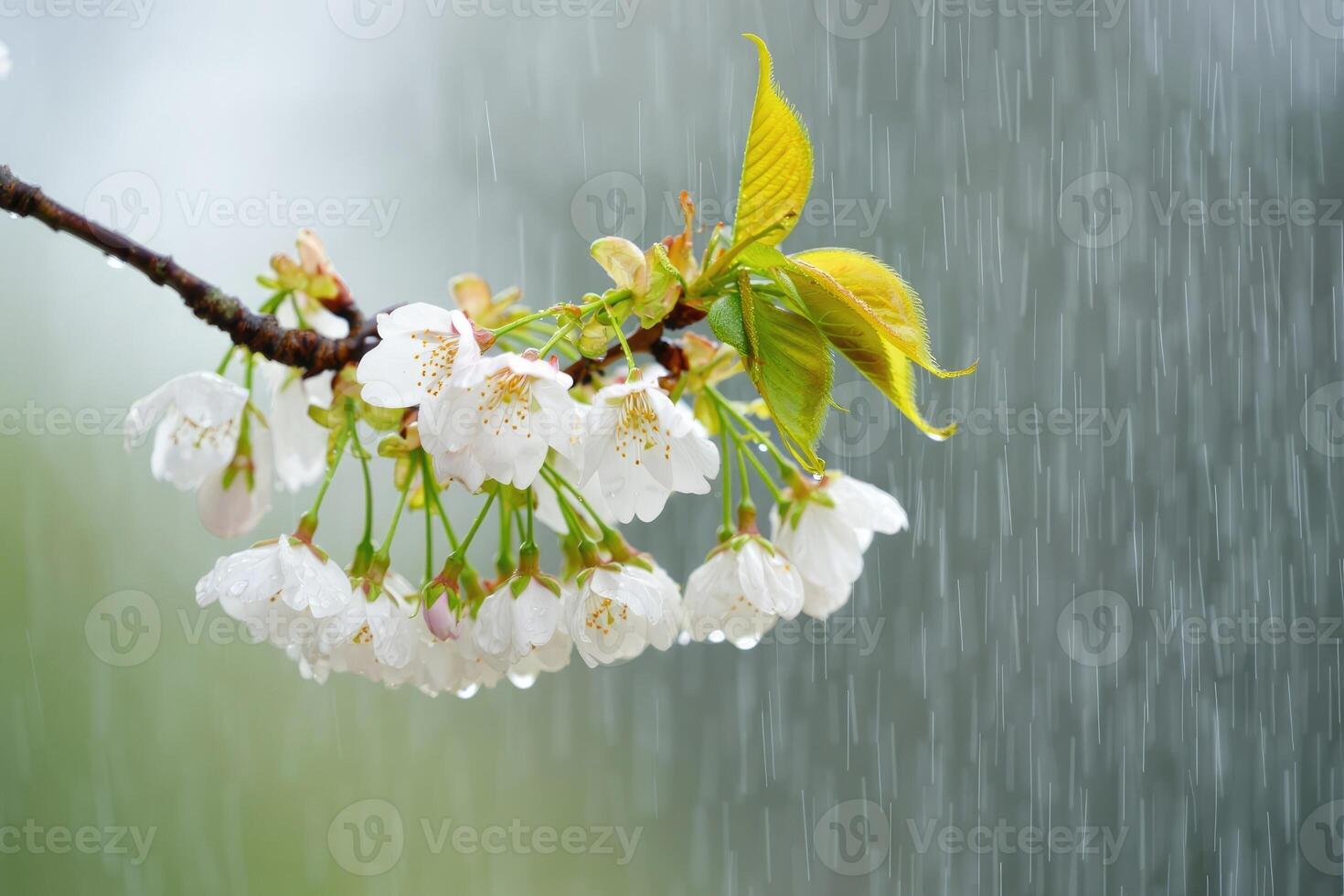 Blossoming cherry branch with delicate flowers drenched in rain under cloudy sky photo