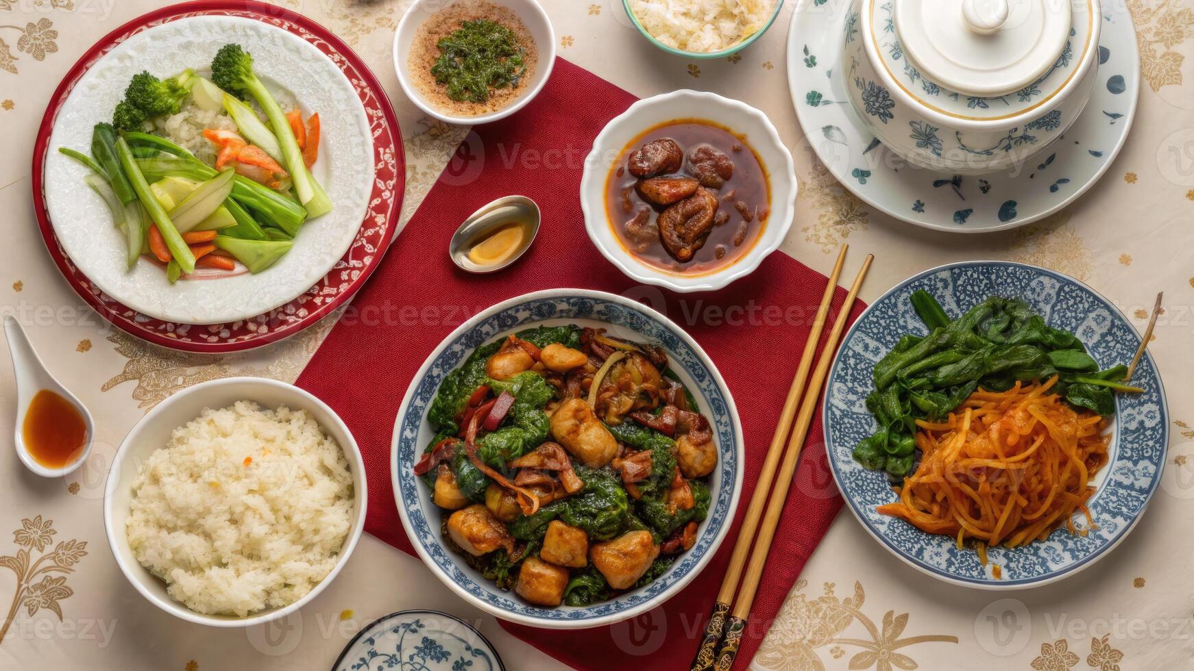 Traditional Chinese banquet table with various dishes and elegant tableware for a festive gathering photo