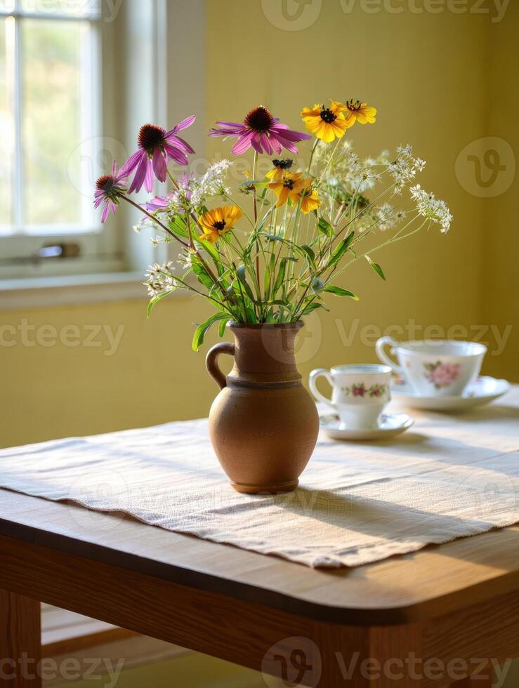 Freshly picked flowers in a rustic vase on a kitchen table during afternoon sunlight photo