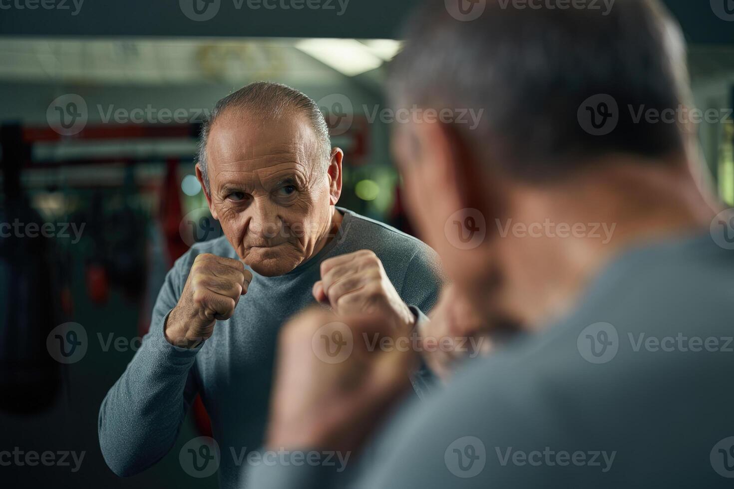 An elderly man practices his boxing skills in front of a mirror, showcasing his strength and determination. photo