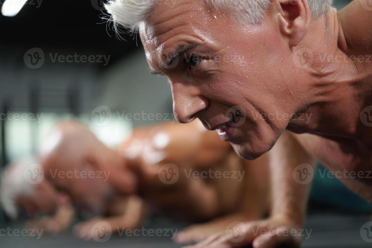 Close-up of two senior men determinedly doing push-ups at the gym, showcasing their active and healthy lifestyle. photo