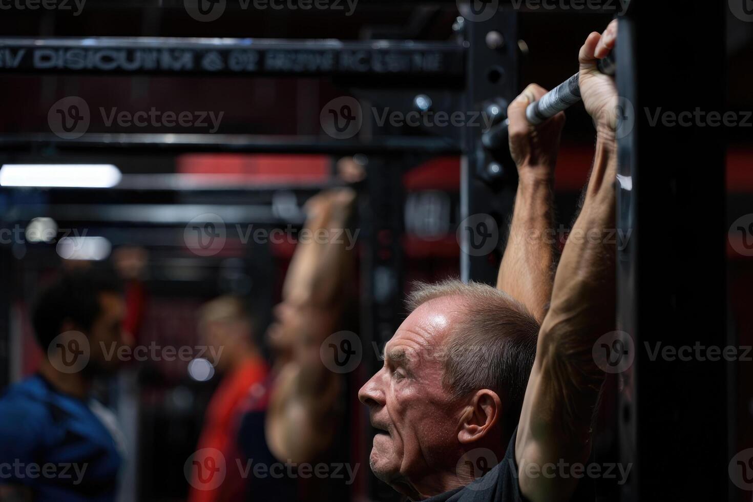 Senior man showcases his strength with determined pull-ups at the gym, embracing an active lifestyle. photo