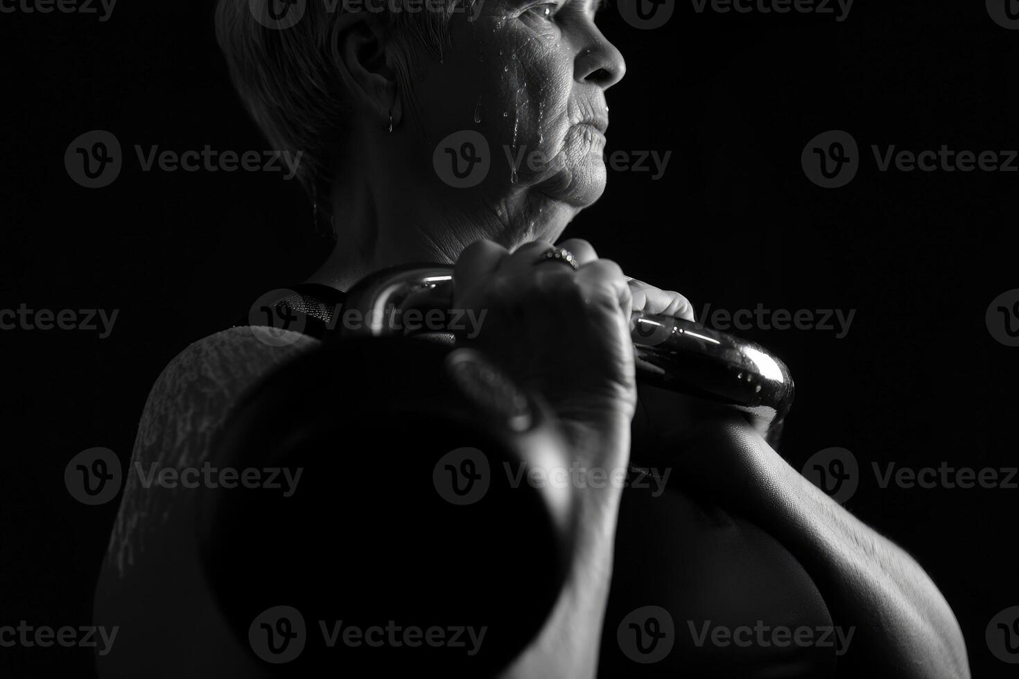 Determined senior woman lifts kettlebell, showcasing strength and fitness in black and white. photo