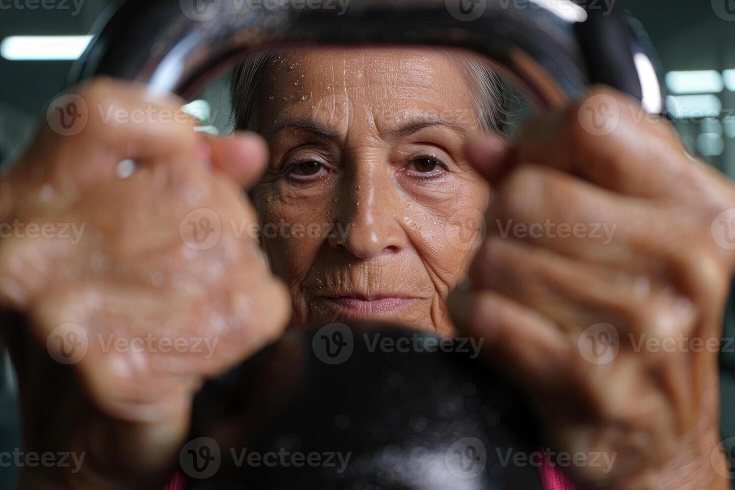 Focused senior woman lifts a heavy kettlebell, showcasing her strength and commitment to fitness. photo