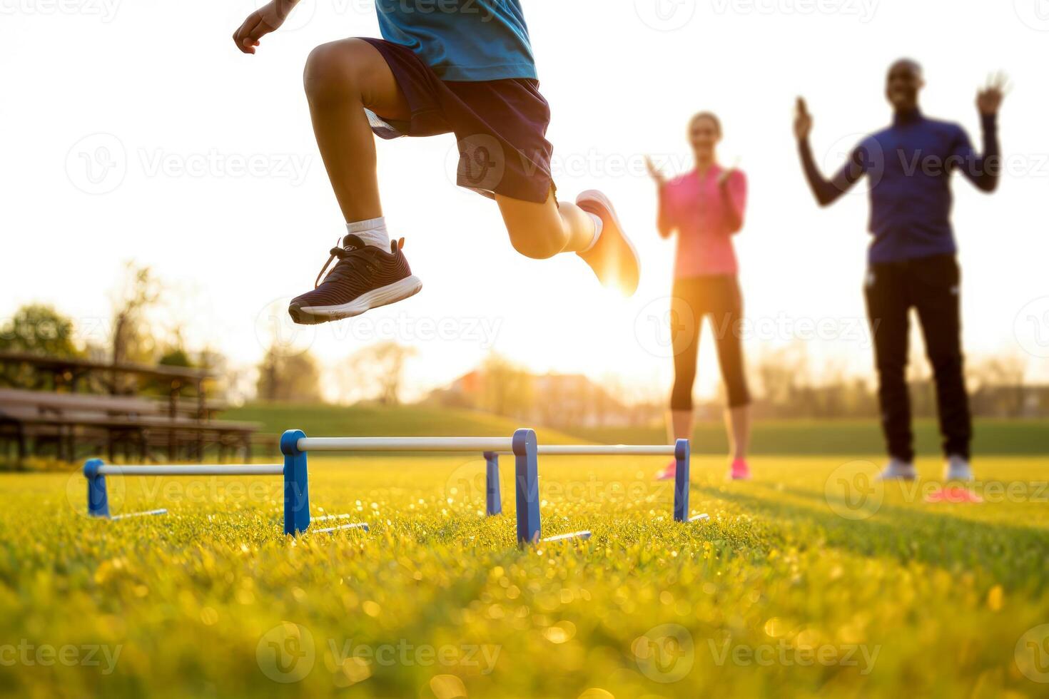 Young athlete leaps over a hurdle on a sunny field with parents cheering him on during training. photo