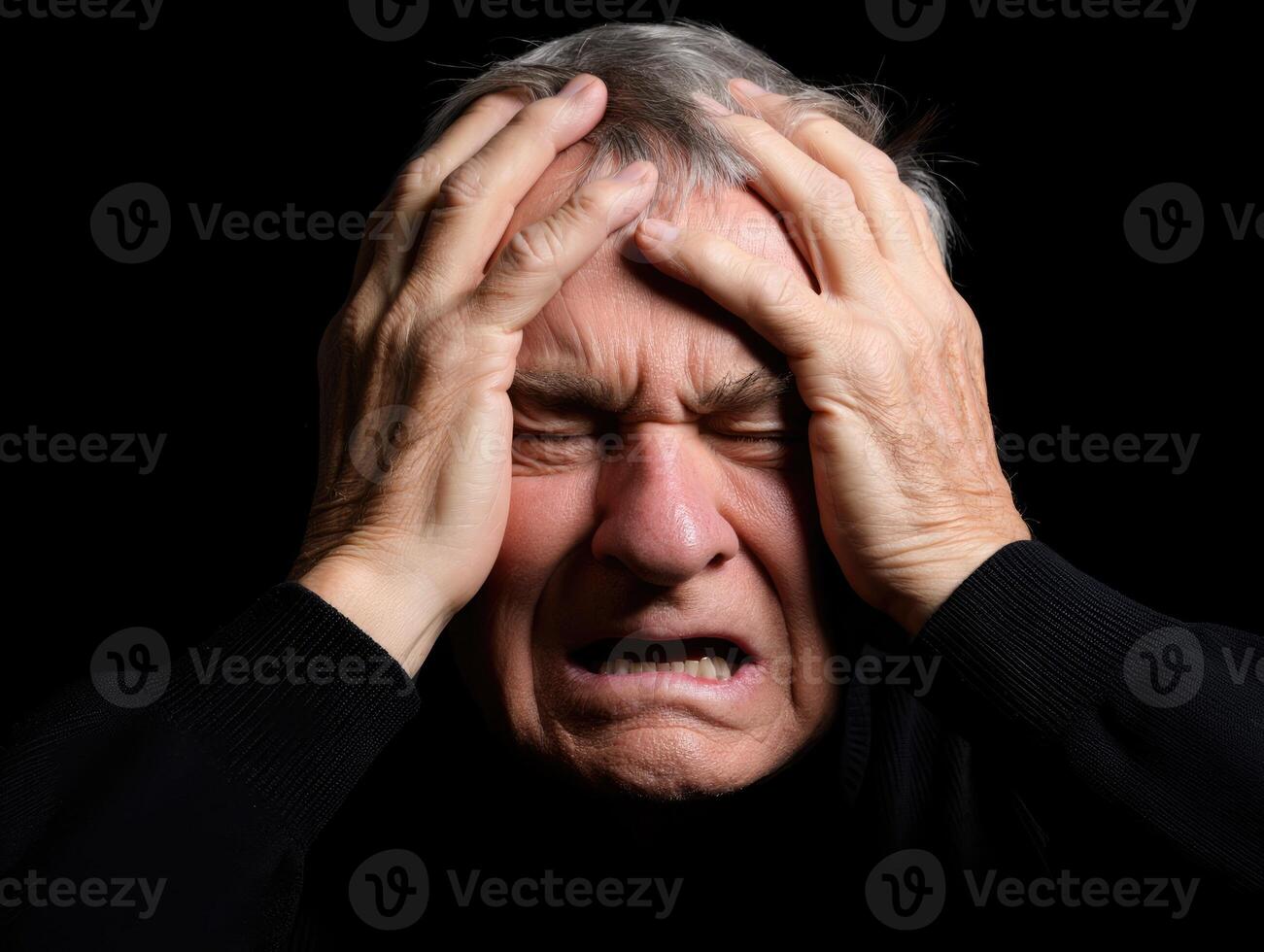 Emotional distress of an elderly man expressing feelings of anxiety and sorrow internally photo