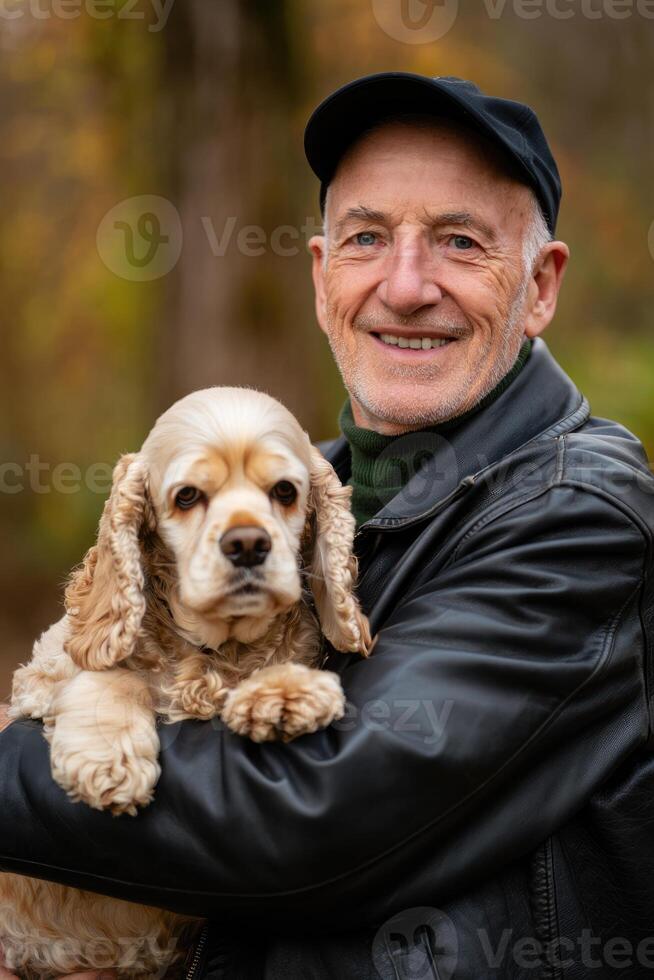 Senior man embraces his cocker spaniel in a peaceful outdoor setting during autumn photo