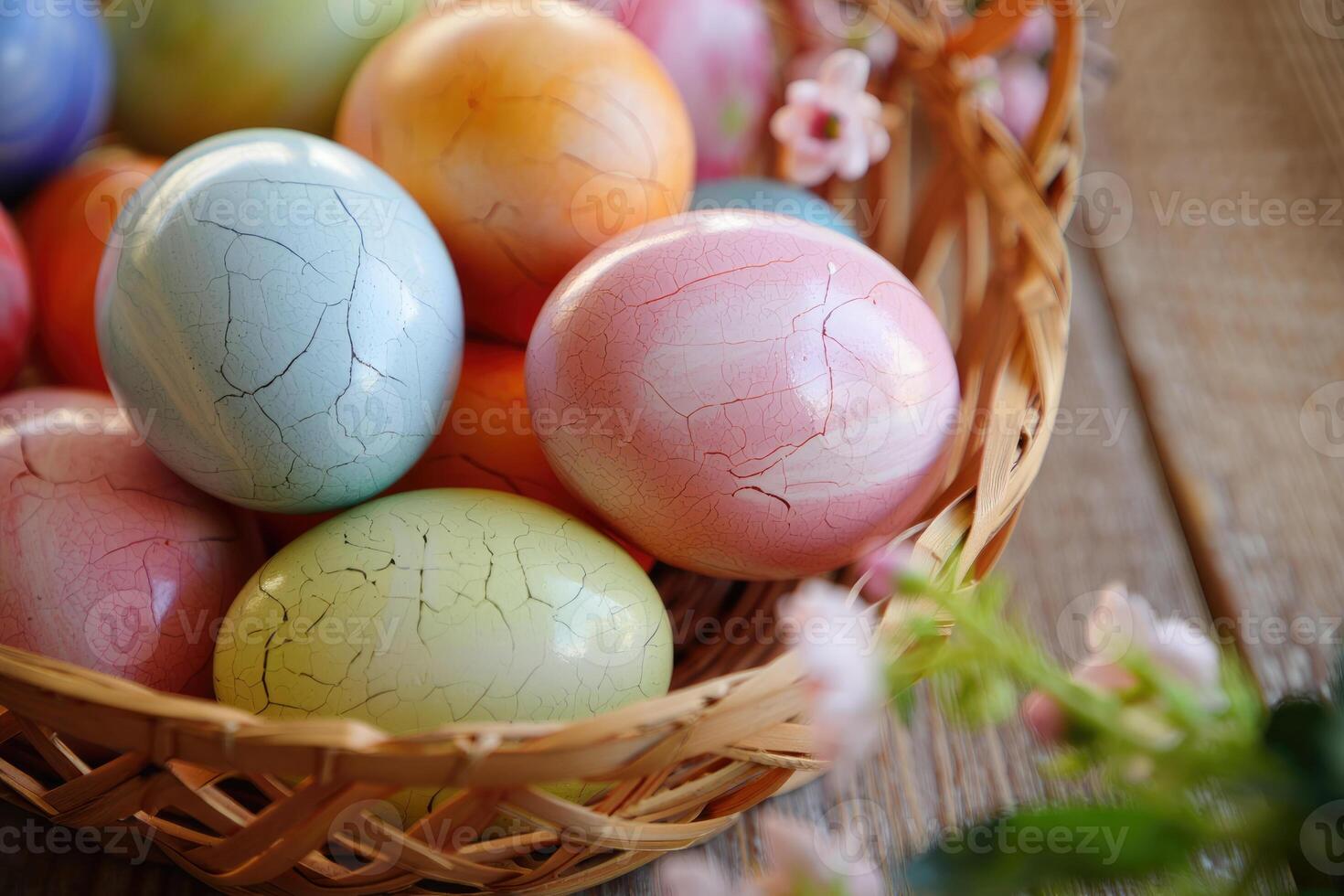 A charming display of colorful, cracked Easter eggs nested in a woven basket. photo