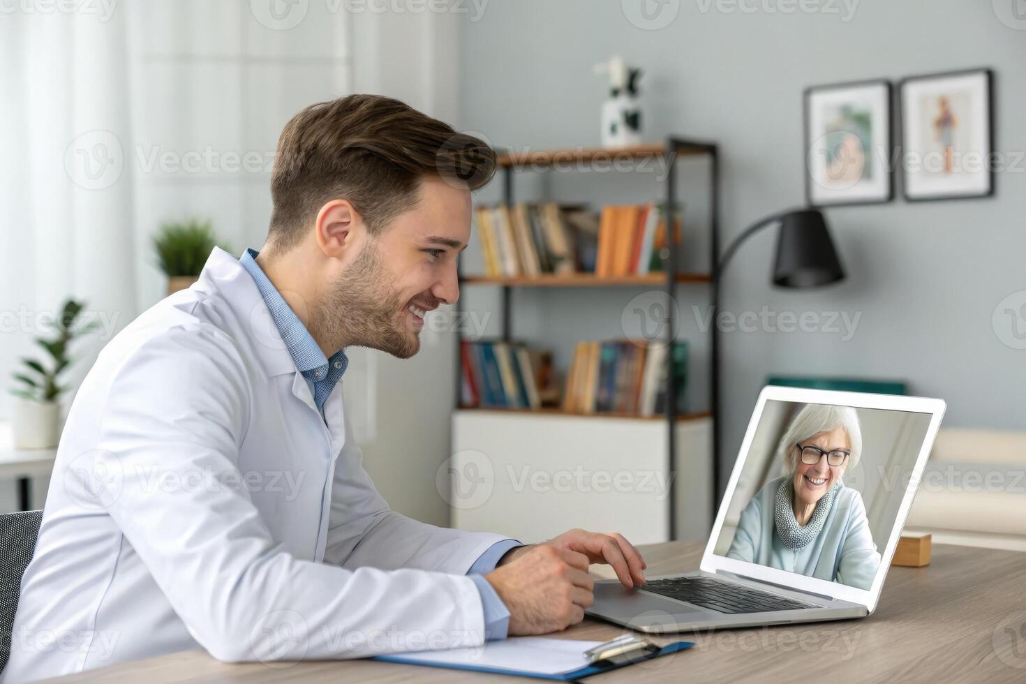 Doctor and patient connect through telemedicine for a virtual health consultation photo
