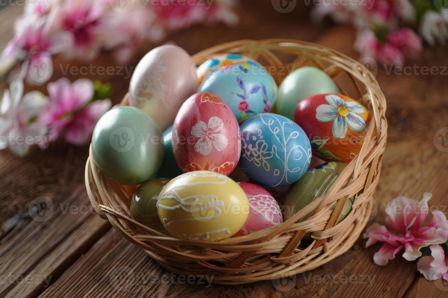 A charming basket of colorful Easter eggs is presented on a rustic, wooden table. photo