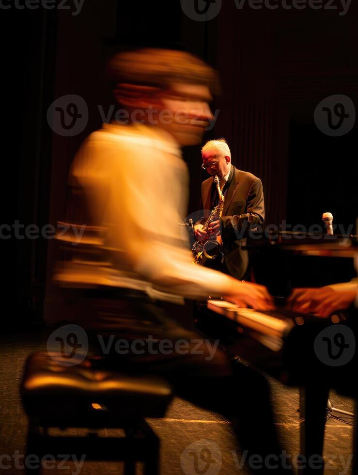 Jazz musicians perform on stage during a lively concert at an evening event photo
