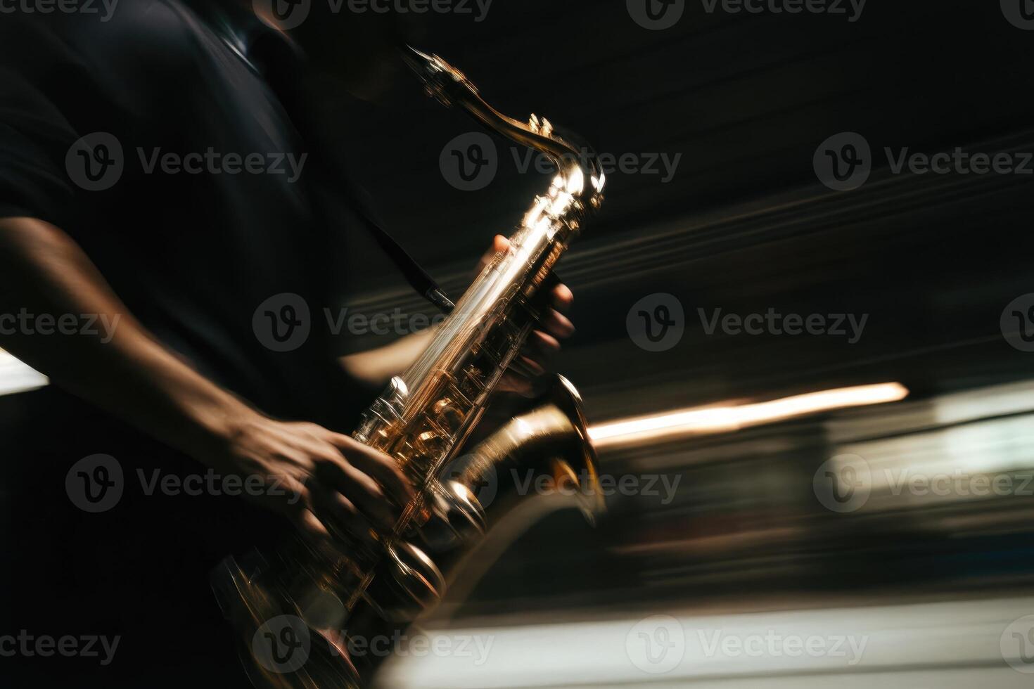 Musician performs jazz on saxophone under dim lights at a contemporary venue photo