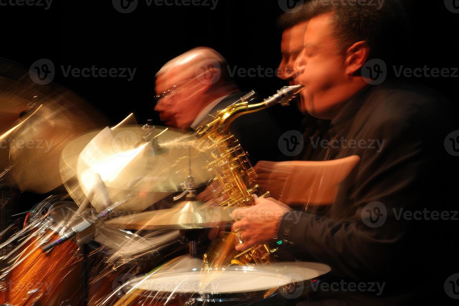 Musicians performing jazz on stage with saxophone and drums in motion photo