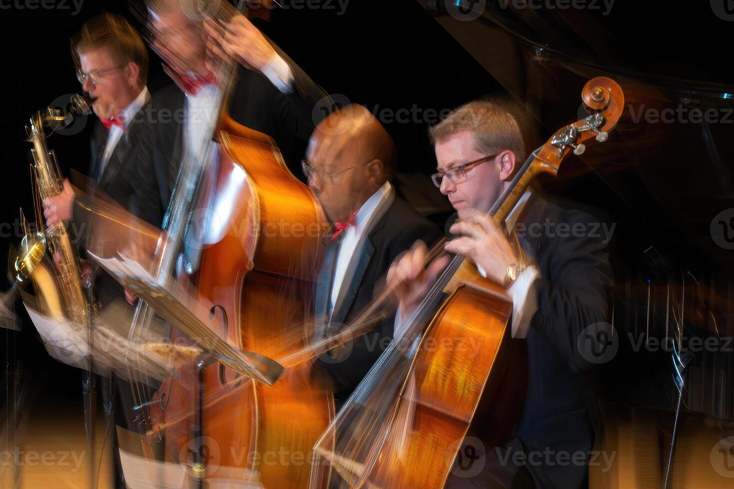 Musicians perform during a dynamic jazz concert at an indoor venue in the evening photo