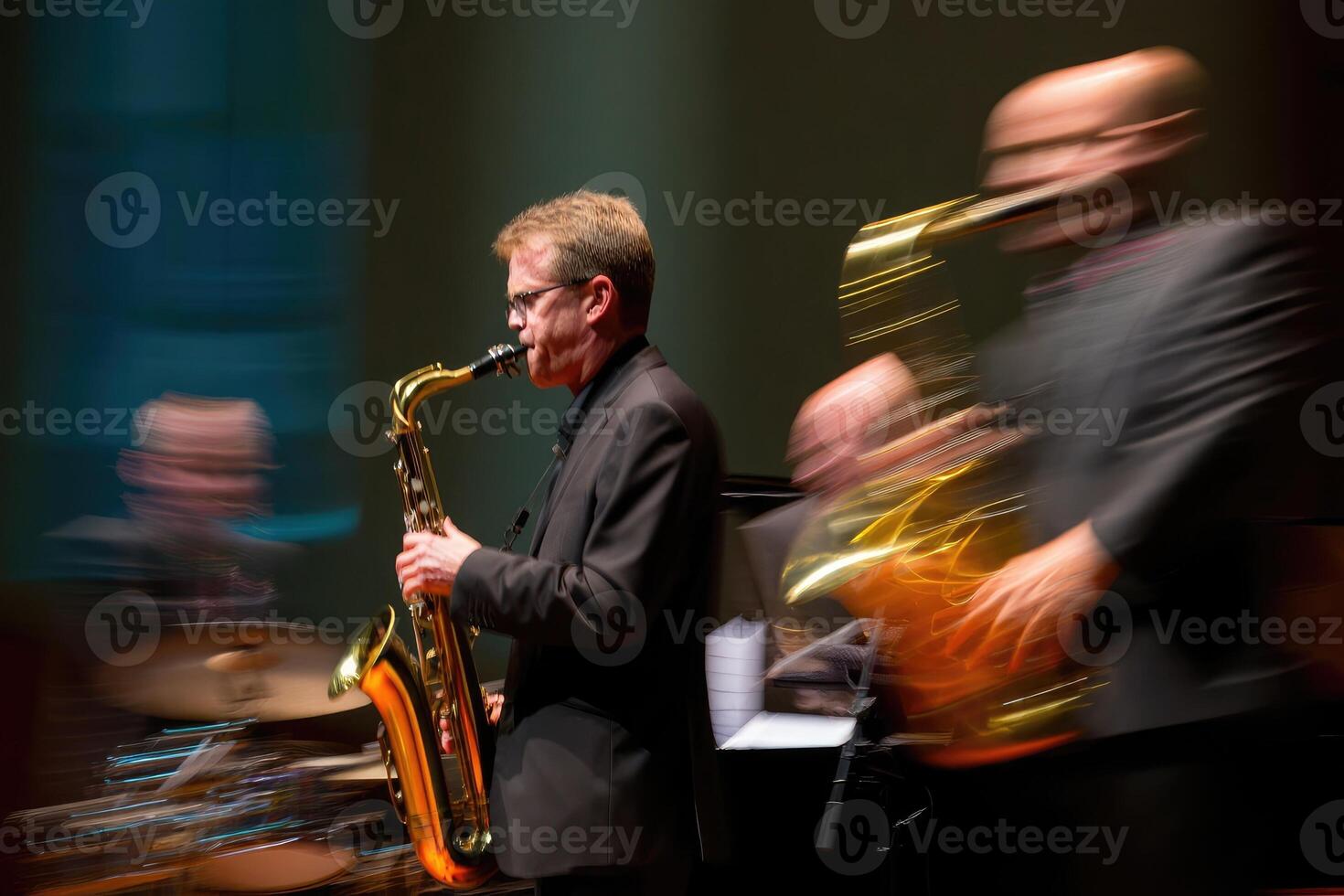 Musicians perform live jazz in a concert hall with prominent saxophonists and rhythm section photo