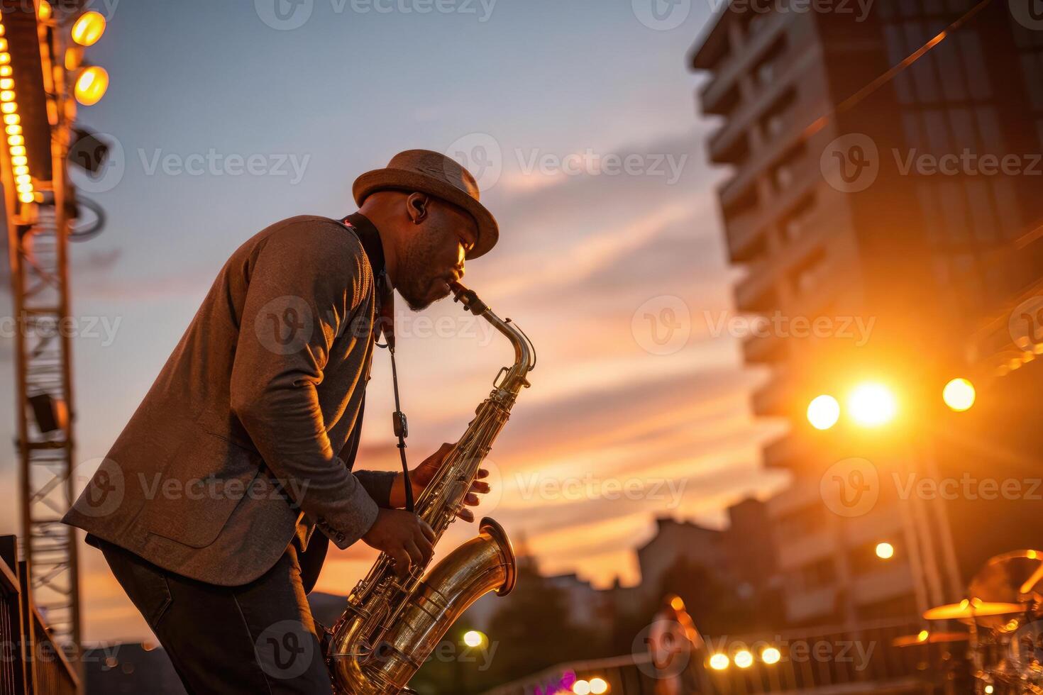 Musician performs jazz on saxophone during sunset at outdoor festival in urban setting photo