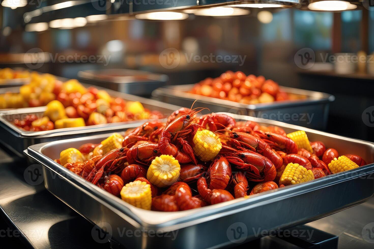 Crawfish boil featuring fresh seafood and corn served at a festive outdoor gathering in the spring photo