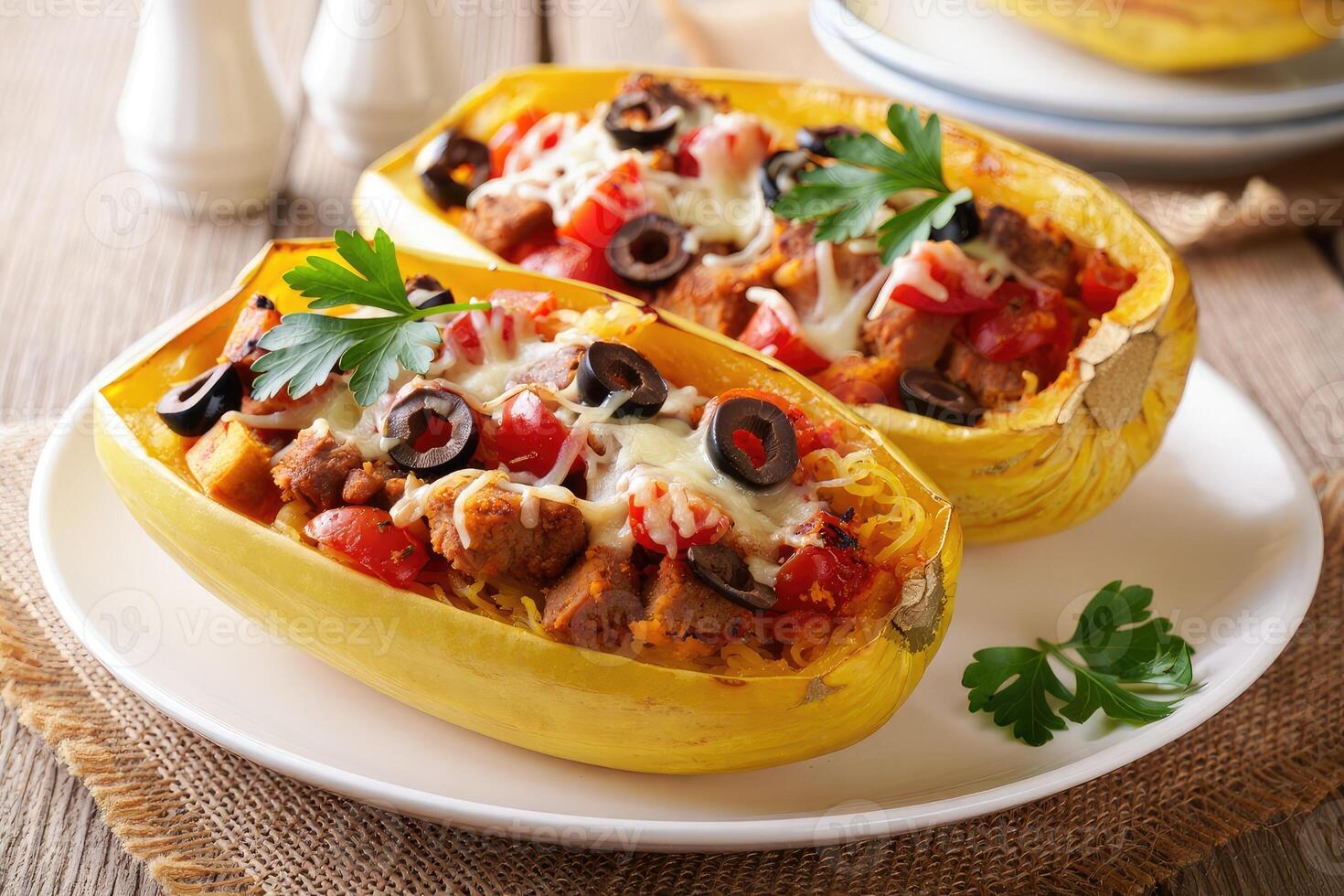 Delicious stuffed spaghetti squash with savory meat and fresh vegetables in a rustic setting photo