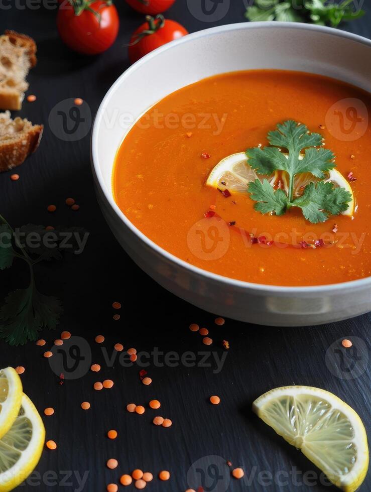Delicious bowl of red lentil soup garnished with lemon and cilantro on a dark table photo