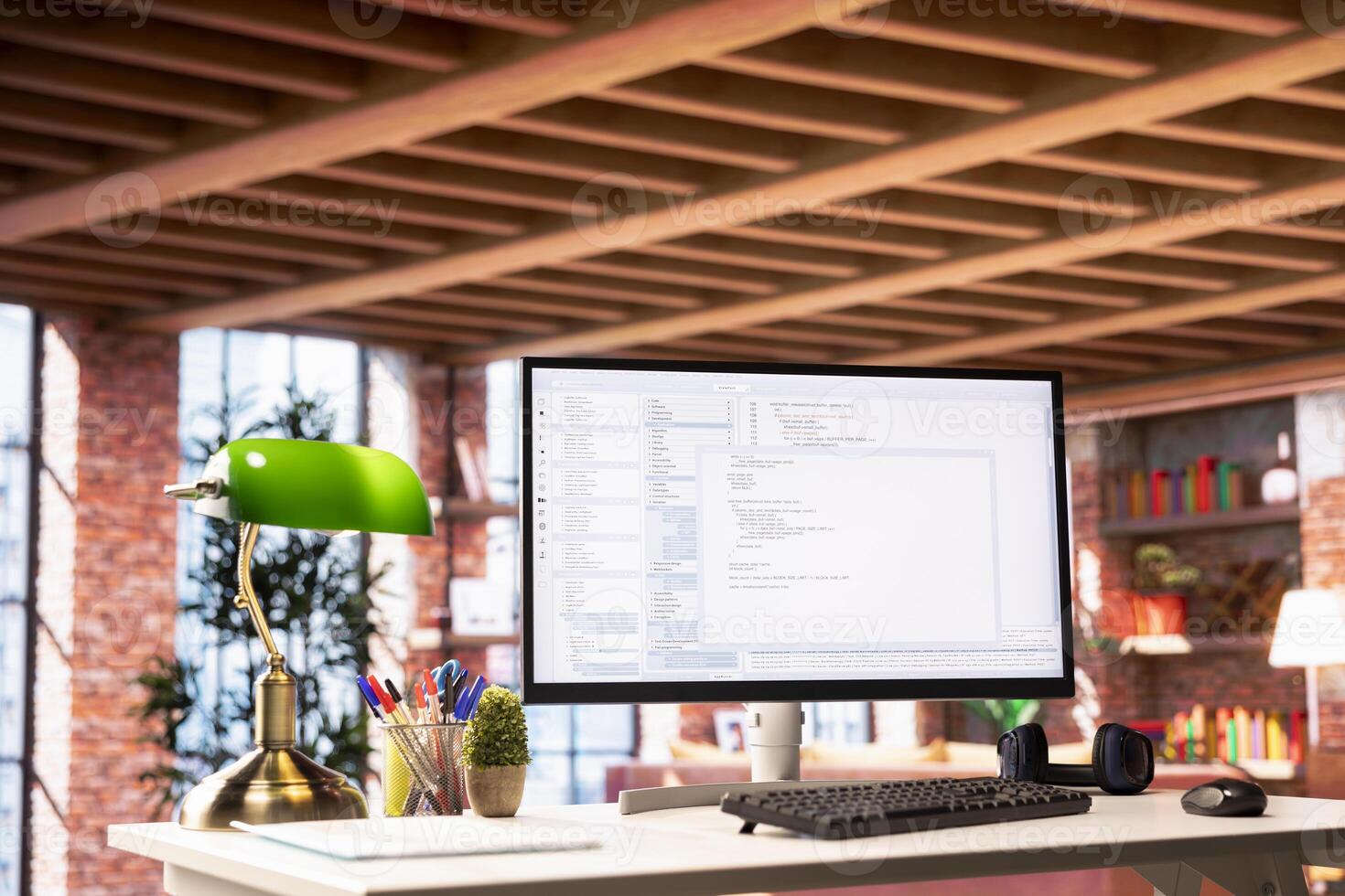 Software development and coding being done on PC screen, implementing algorithms. Code editor on computer display in home office used for building applications and optimizing performance photo
