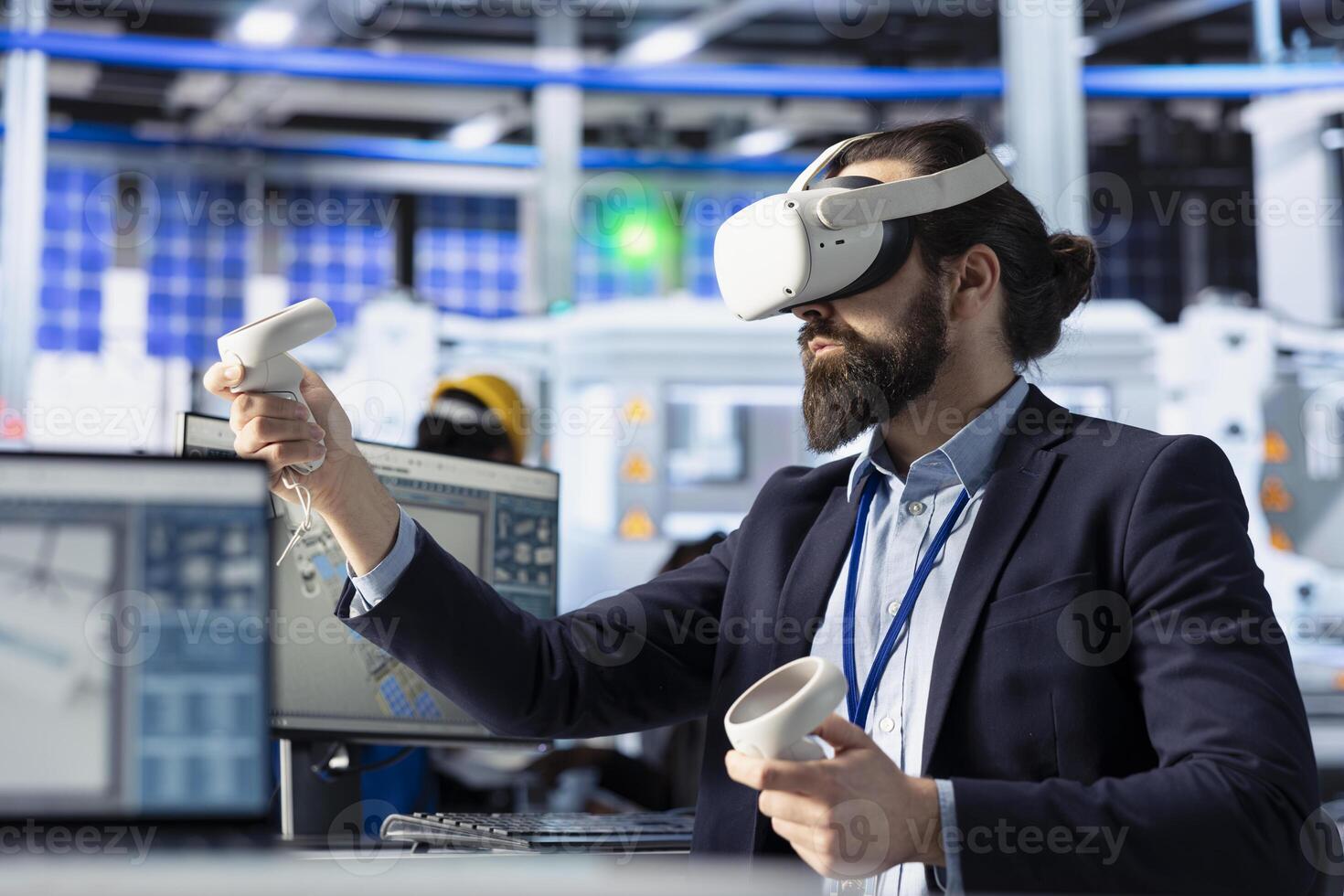 Technician using VR goggles to monitor solar panel manufacturing plant assembly lines. Worker using virtual reality to troubleshoot photovoltaic equipment, ensuring seamless production workflow photo