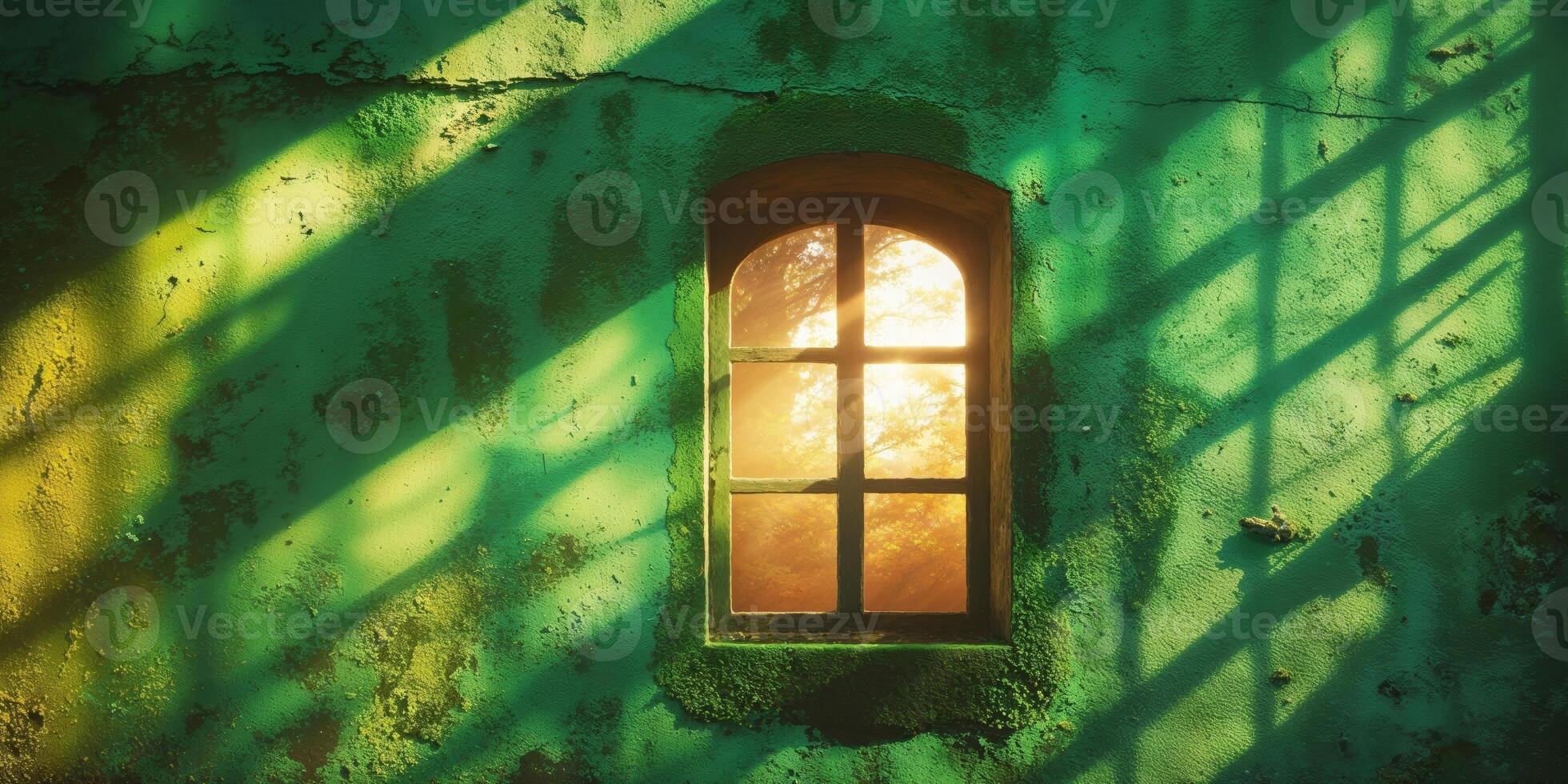 Old green wall with shadow of a window and sunlight casting through. photo