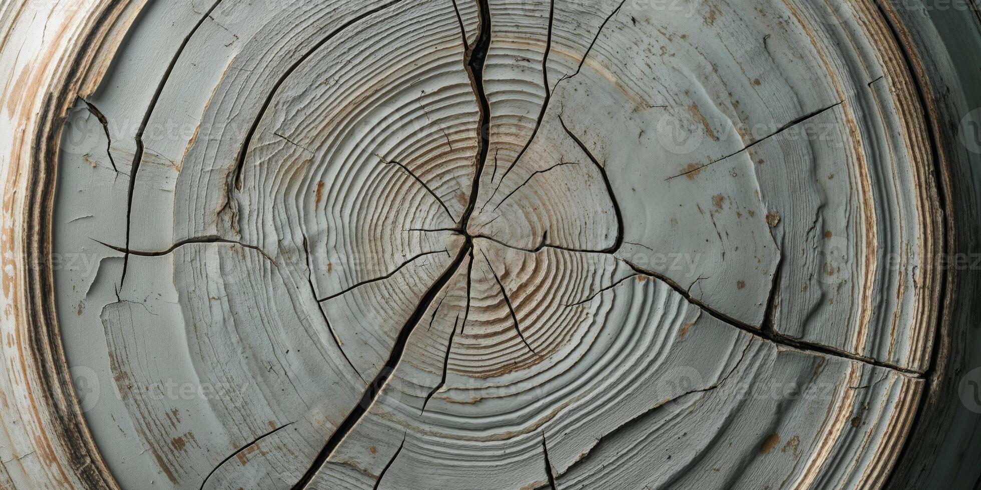 Circular wood texture with natural growth lines and cracks in light gray tones photo