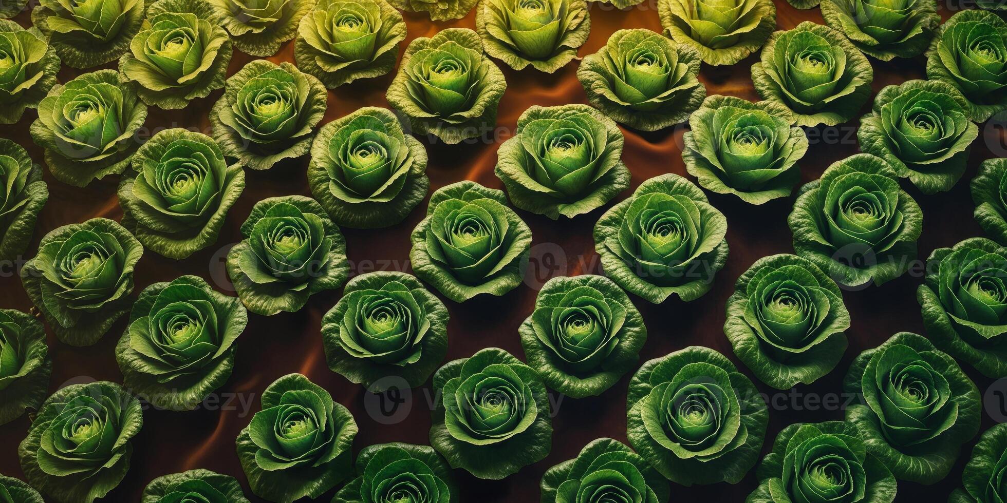 Freshly harvested green lettuce arranged neatly on a dark background. photo