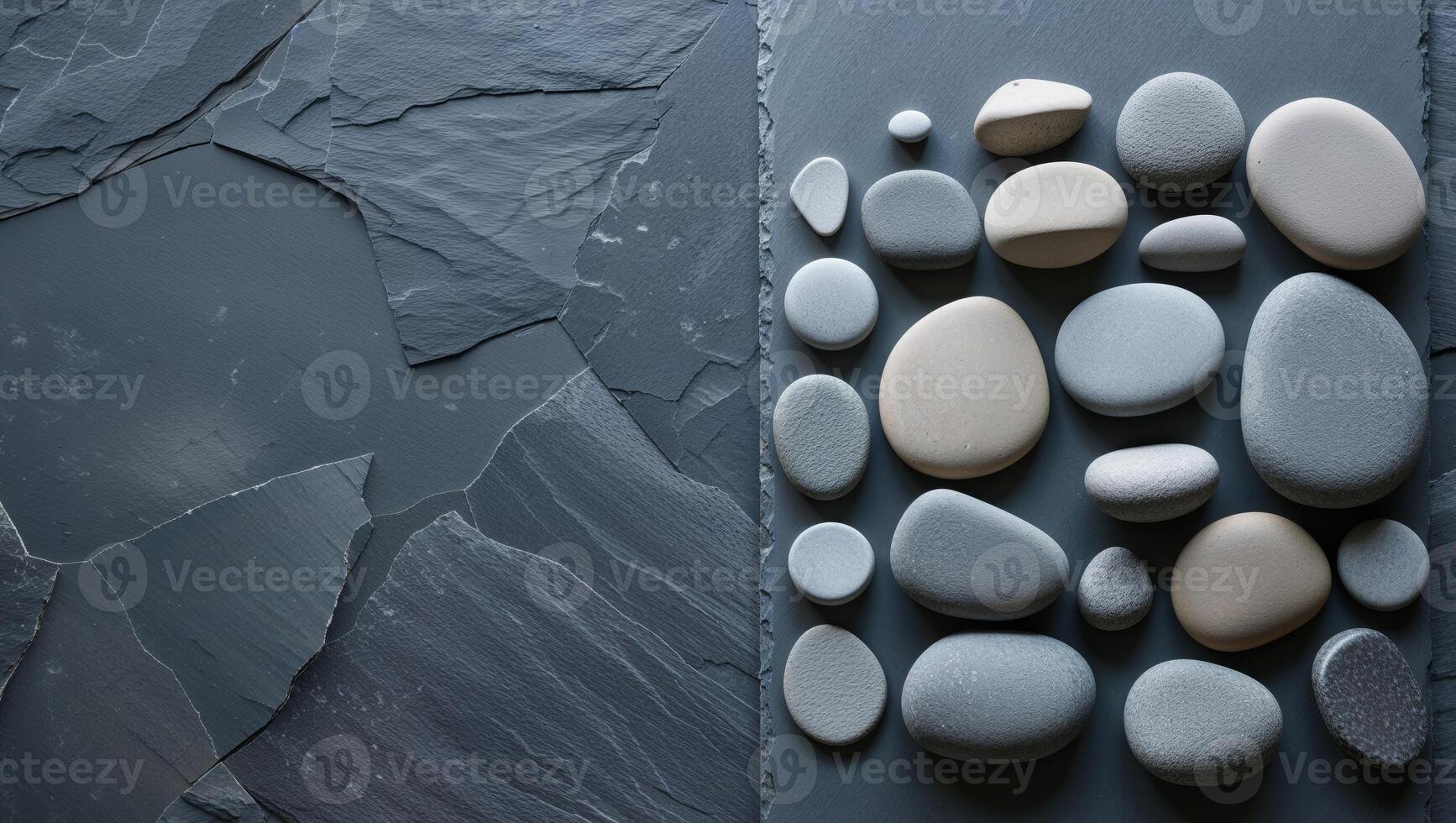 A group of pebbles arranged on a stone surface photo