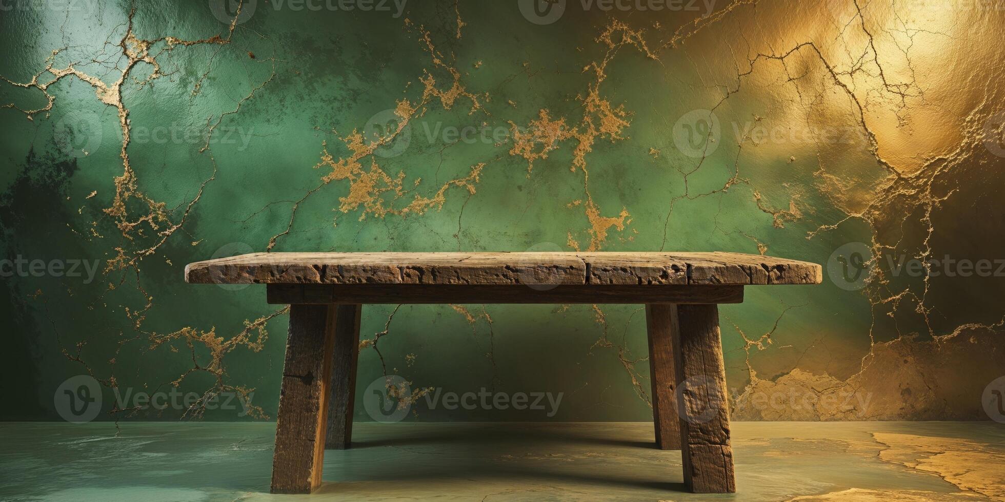 An old wooden table in front of a green wall photo