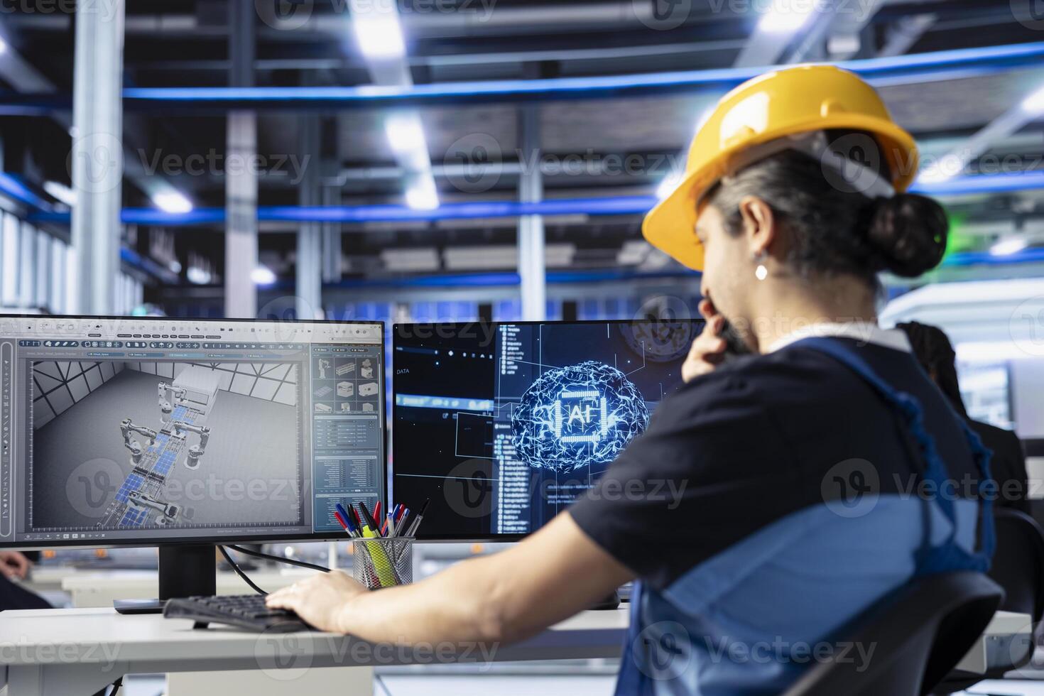 Photovoltaic facility system administrator developing AI tool in factory to predict equipment failures. Solar panels plant programmer coding artificial intelligence algorithms to minimize downtime photo