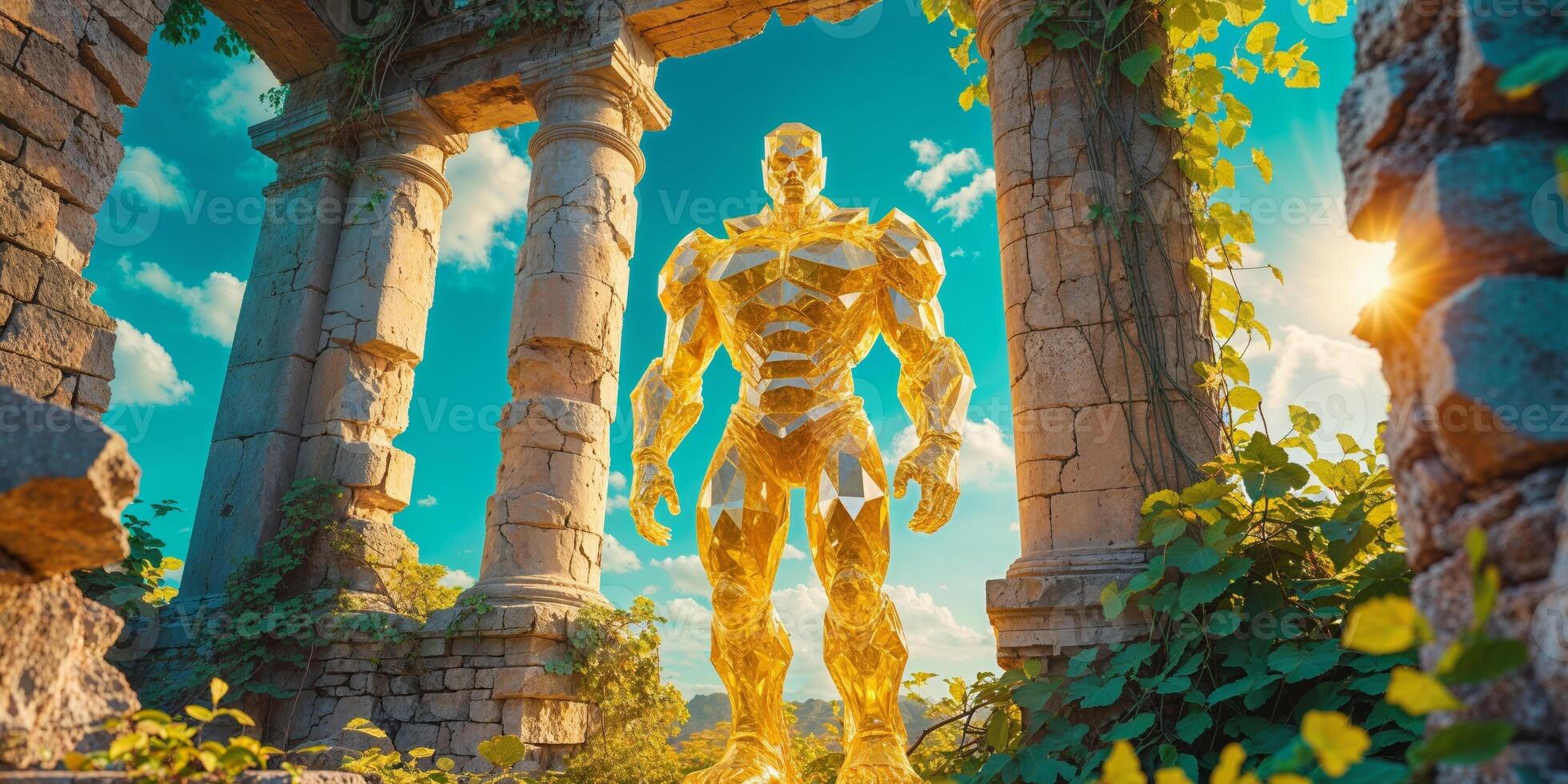A golden statue stands in front of a ruined building photo