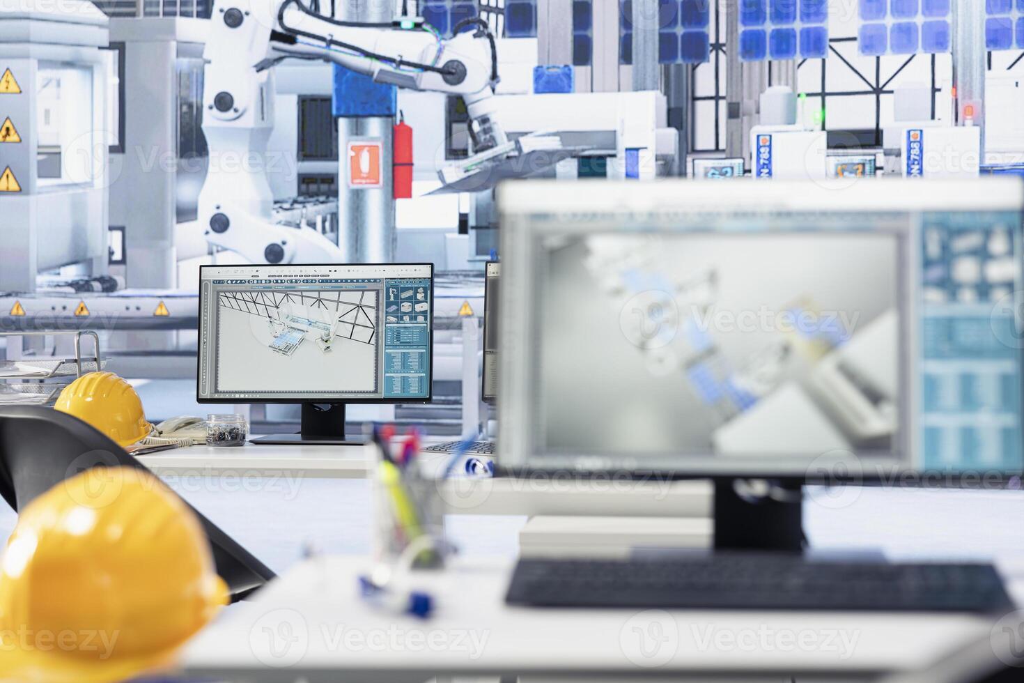 PC screen on desk in empty photovoltaics factory used for analyzing data and reviewing system metrics. Computer monitor in solar panels plant troubleshooting technical issues, diagnosing faults photo