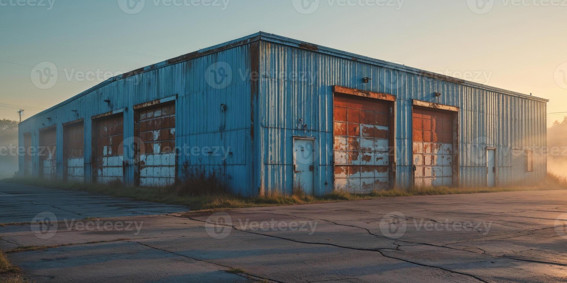 A blue metal building with multiple garage doors sits on a paved lot. photo