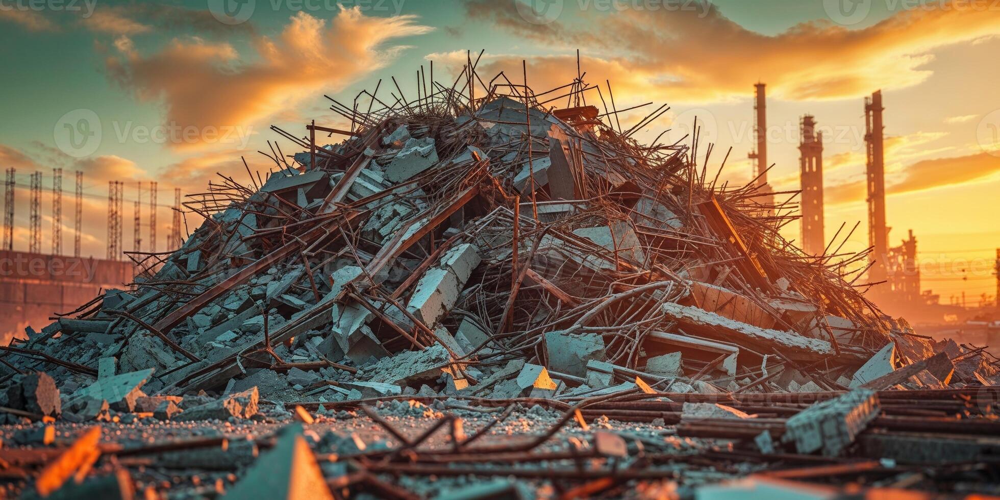 Pile of Construction Debris at Sunset with Blurred Background of Industrial Site and Warm Orange Glow photo
