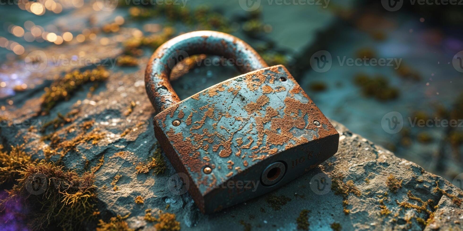 Weathered padlock on stone surface showcasing aged metal texture and rustic charm in natural light security concept. photo