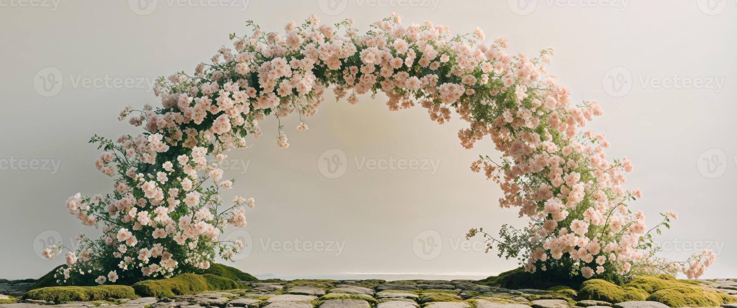 A still shot of a floral arch stretching over a cobblestone pathway photo