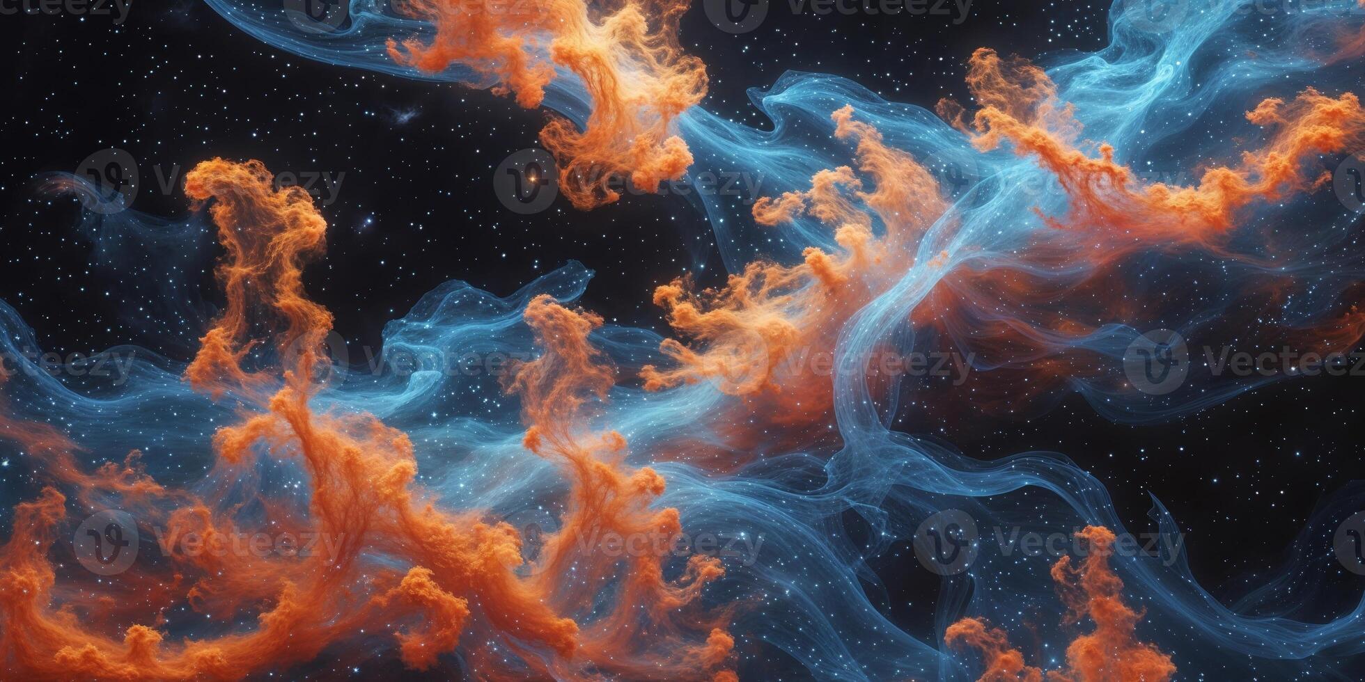 Vivid orange and blue space nebulae present throughout the image photo