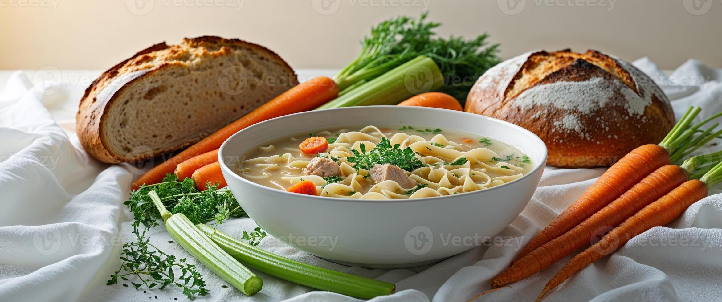 Chicken noodle soup with carrots and bread photo