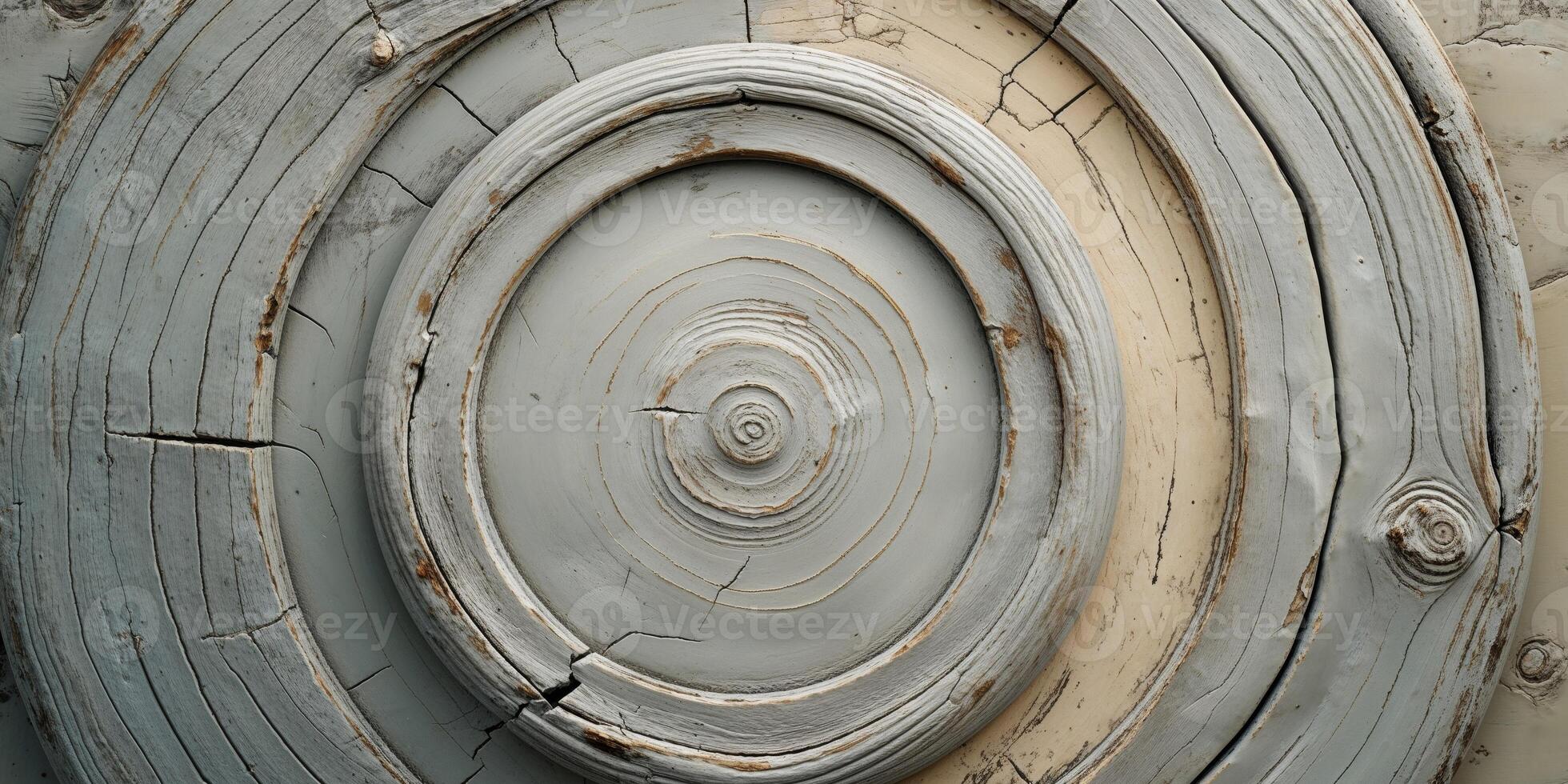 Circular wood texture with natural growth lines and cracks in light gray tones. photo